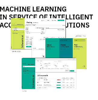 A set of colorful dashboard screenshots for Schwartz.ai, overlaid and labeled “MACHINE LEARNING IN SERVICE OF INTELLIGENT ACCOUNTS SOLUTIONS,” showing various document management screens in green, blue, and yellow.
