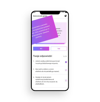A smartphone showing a Polish-language questionnaire or diary app screen, with a purple sticky note at the top, selectable answers, and navigational controls in a minimalistic design.
