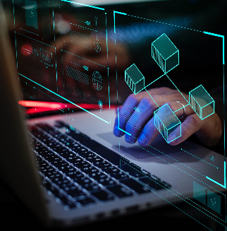 A person types on a laptop keyboard, with a transparent overlay of a digital network diagram showing interconnected blocks, representing blockchain or network architecture.