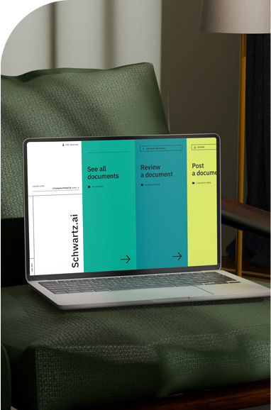 A laptop sitting on a green leather armchair displays a user interface with three colorful columns labeled "See all documents," "Review a document," and "Post a document" in green, blue, and yellow, respectively. The left side of the screen includes the text "Schwartz.ai." The background includes a lamp and curtain.