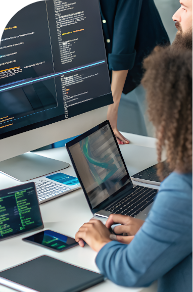 A group of people working together at a desk, with one person typing on a laptop and others nearby. Multiple screens display code and technical diagrams, suggesting a team engaged in software development or programming.