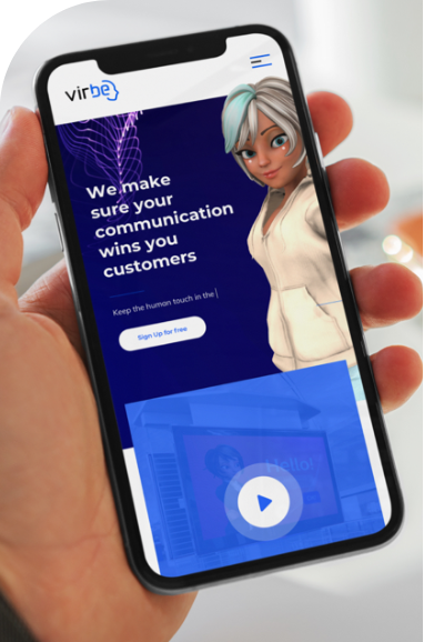 A hand holds a smartphone displaying the Virbe website, featuring a digital avatar and the text “We make sure your communication wins you customers” on a blue and white interface.