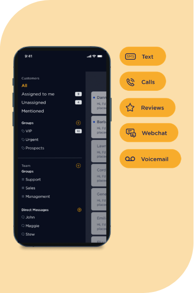 A smartphone screen displays a customer communications app with a dark interface, showing groups, direct messages, and customer assignments. On the right, yellow buttons for actions like Text, Calls, Reviews, Webchat, and Voicemail are vertically listed.
