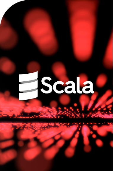 The Scala programming language logo displayed prominently in white over an abstract background of glowing red dots and streaks on a black background, giving a dynamic and futuristic feel.